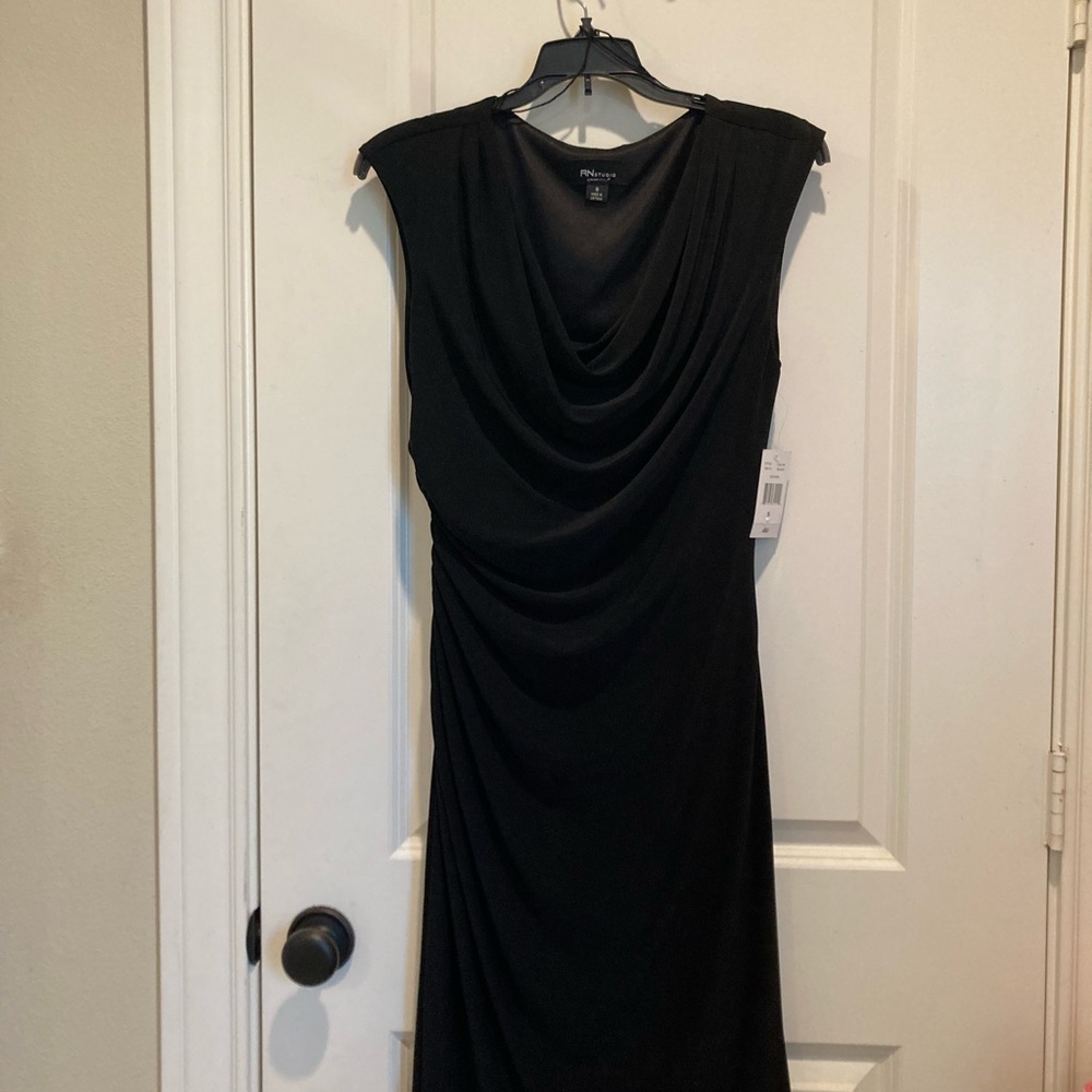 Studio Black Ruched Cowl Neck Sheath Midi Dress